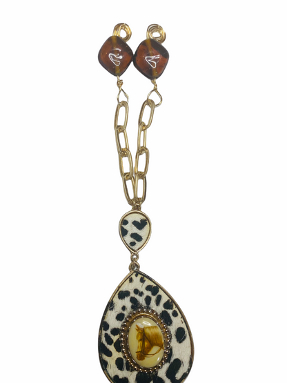 Upcycled VNTG Horse Brooch and Hyde Pendant w/ Wire Wrapped Amber & Turquoise Necklace