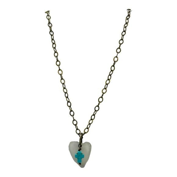 Concave Sea Glass Heart Pendant with Turquoise Cross Charm Artisan Crafted