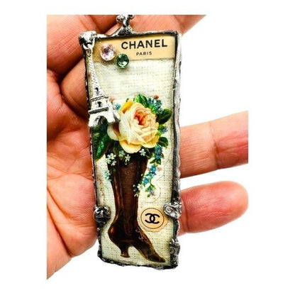 Tiny Glass Pendant Granny Bootie Mixed Media 3D Eiffel Tower & Swarovski Crystals