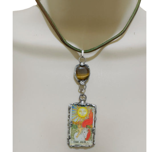 Tarot Card Mixed Media & Artisan Metalwork Tiger Eye Pendant Leather Necklace