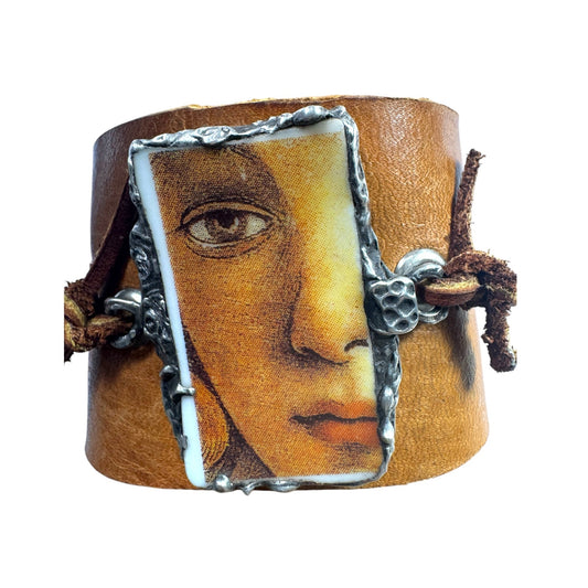 La Ghirlandata Rosetti Art Face Tile & Silver Blend Bezel Leather Cuff Bracelet