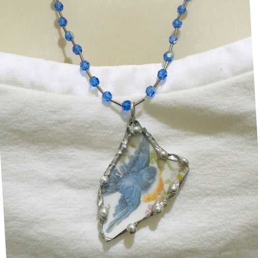 Blue Bird Broken China Pendant Silver Blend Metalwork Vintage Crystal Necklace