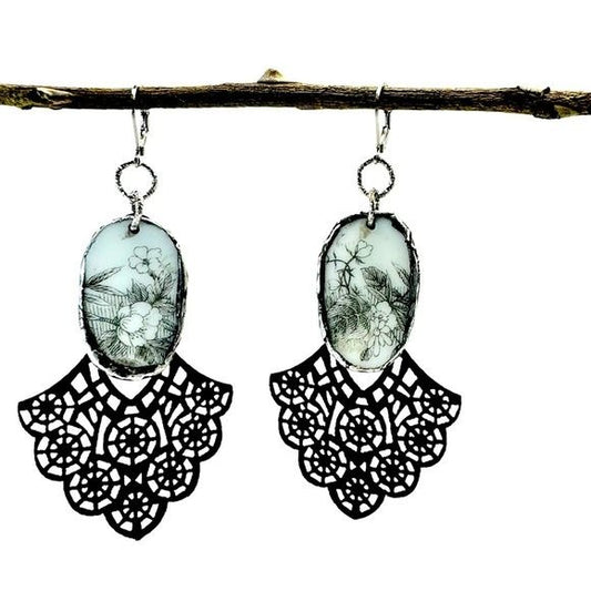 Broken China Filigree Earrings With Artisan Silverware