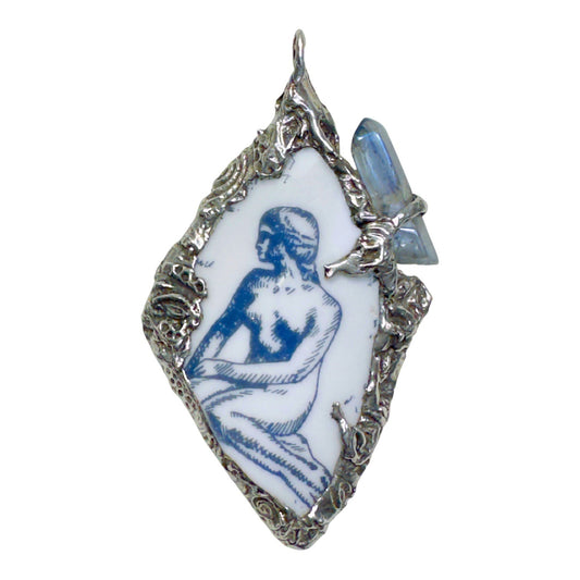 Mermaid Denmark Broken China & Blue Quartz Statement Pendant W/ Silver Blend Bezel