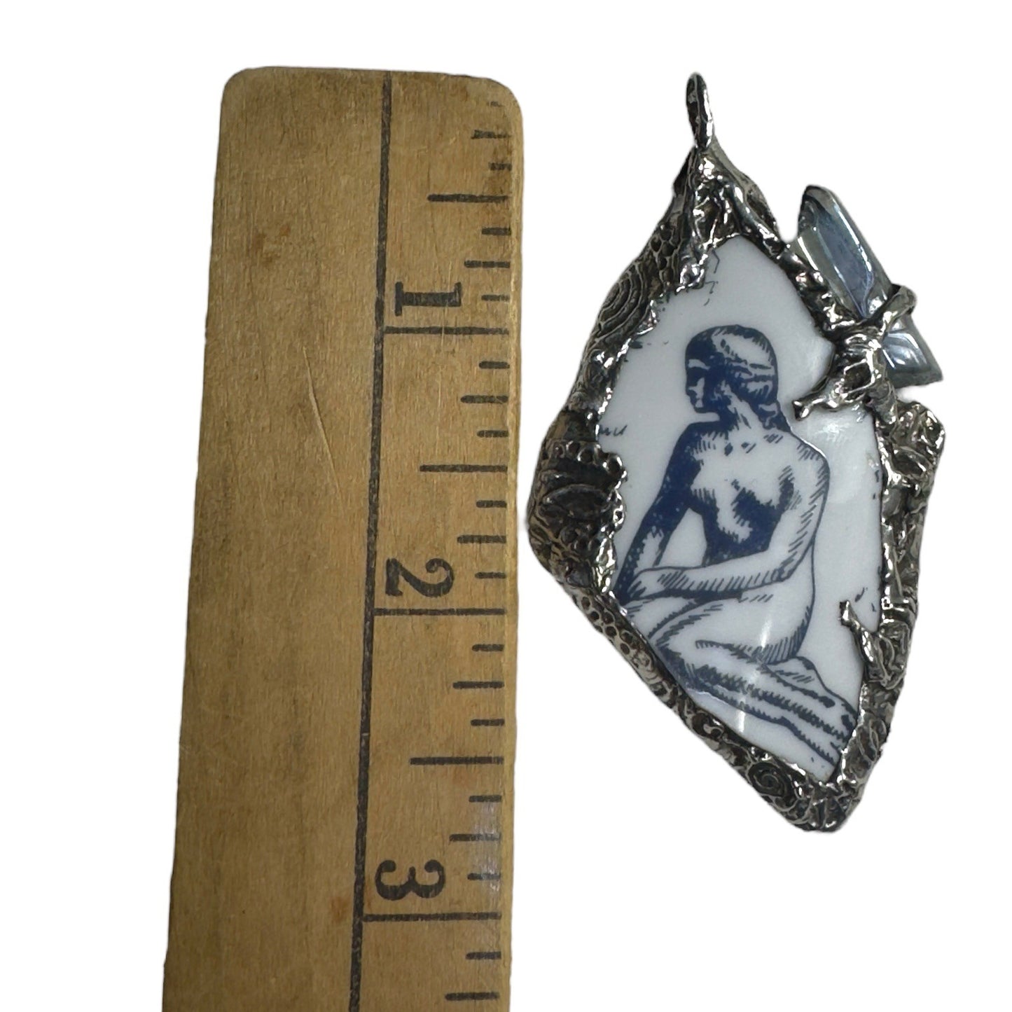 Mermaid Denmark Broken China & Blue Quartz Statement Pendant W/ Silver Blend Bezel