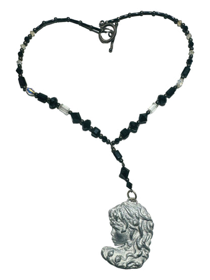 Art Nuveau Clay Lady Pendant with Artisan Crystal Beaded Necklace