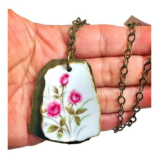 Broken China Leather Necklace Artisan Crafted From a Tea Rose Pattern Teacup