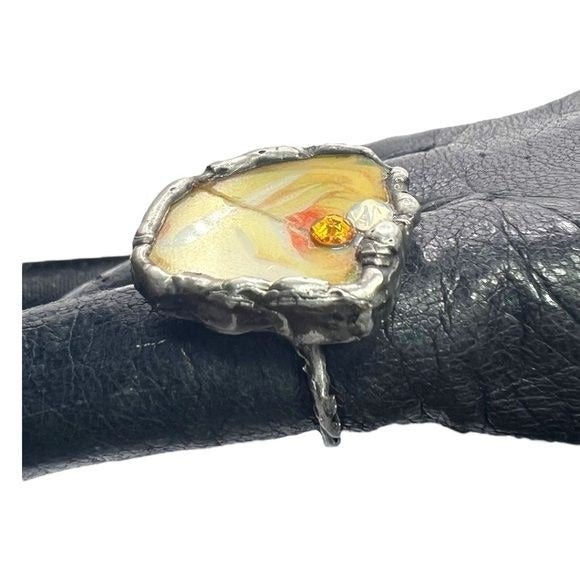 Yellow Rose Broken China Ring Artisan Crafted & Swarovski Crystals Size 7