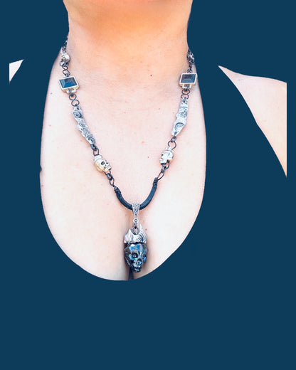 Crystal Skull Pendant w MCM Black Onyx & Intricate Silver Blend Metalwork