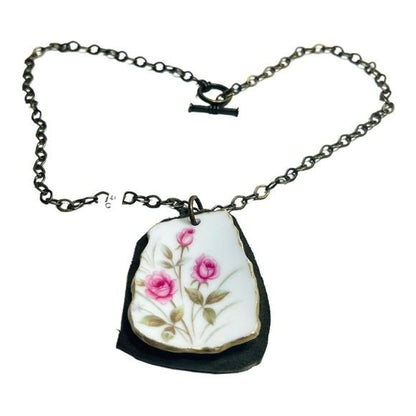 Broken China Leather Necklace Artisan Crafted From a Tea Rose Pattern Teacup