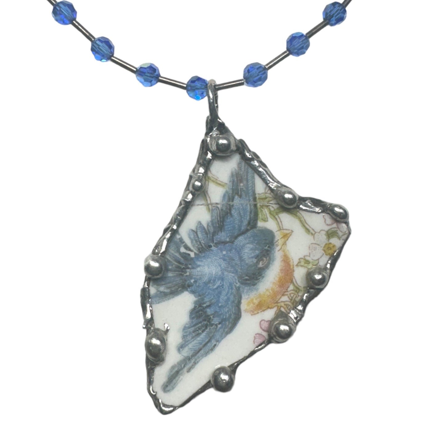 Blue Bird Broken China Pendant Silver Blend Metalwork Vintage Crystal Necklace