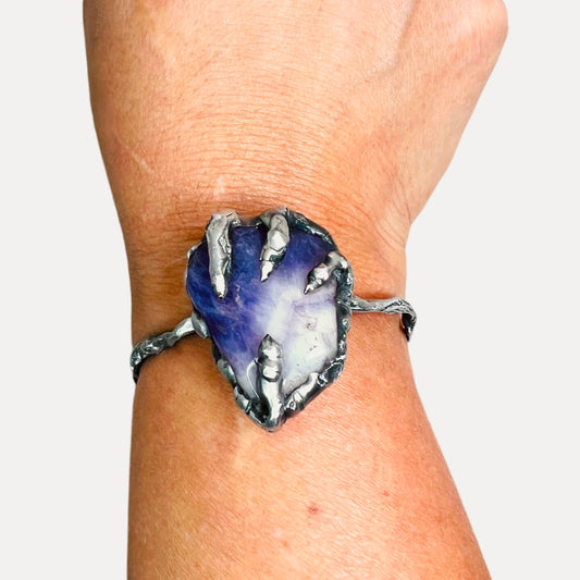 Amethyst Claw Cuff Bracelet Brutalist Silver Blend Metalwork
