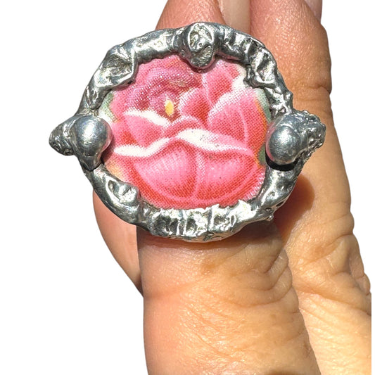 Vintage Rose Broken China Ring with Brutalist Metalwork