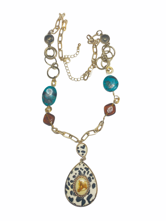 Upcycled VNTG Horse Brooch and Hyde Pendant w/ Wire Wrapped Amber & Turquoise Necklace