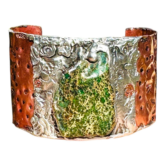 Green Imperial Jasper Mixed Metal Brutalist Cuff Bracelet  with Stamped Mermaids