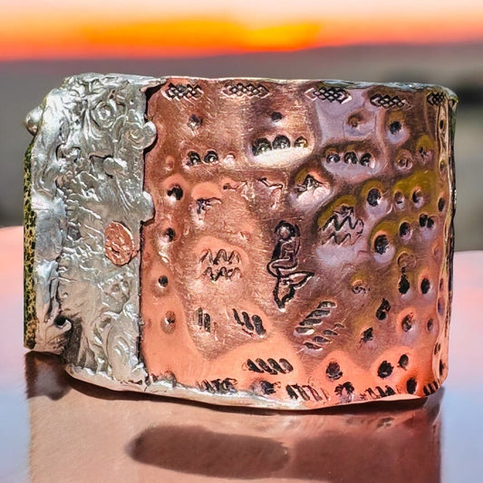 Green Imperial Jasper Mixed Metal Brutalist Cuff Bracelet  with Stamped Mermaids