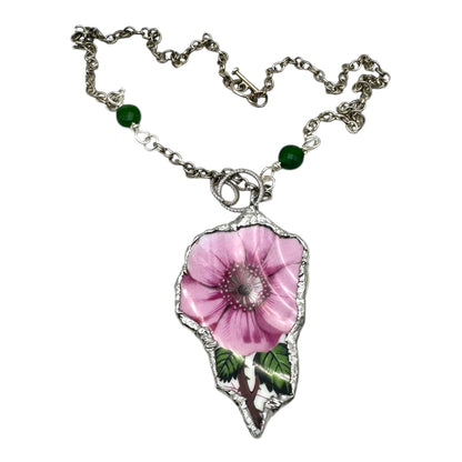 Old Country Rose Broken China Pendant & Green Aventurine Beaded Necklace