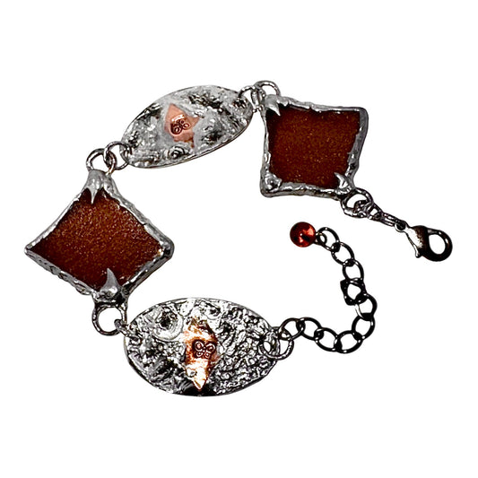 Amber Sea Glass & Mixed Metals Artisan Bracelet With Silver & Copper