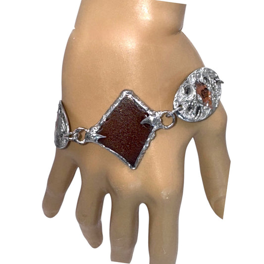 Amber Sea Glass & Mixed Metals Artisan Bracelet With Silver & Copper