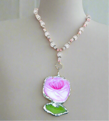 Pendant made from Fragments of English Bone China, Sea Glass and Boho Metalwork