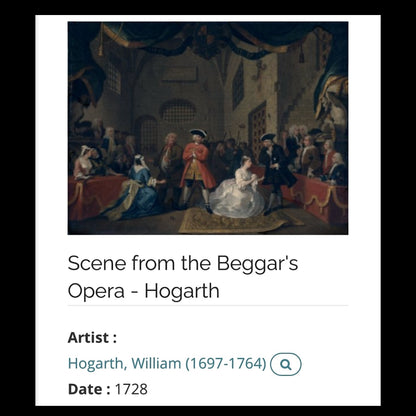 Repurposed VNTG Watch Opera Necklace with scene from the  of Beggar’s Opera by Hogarth