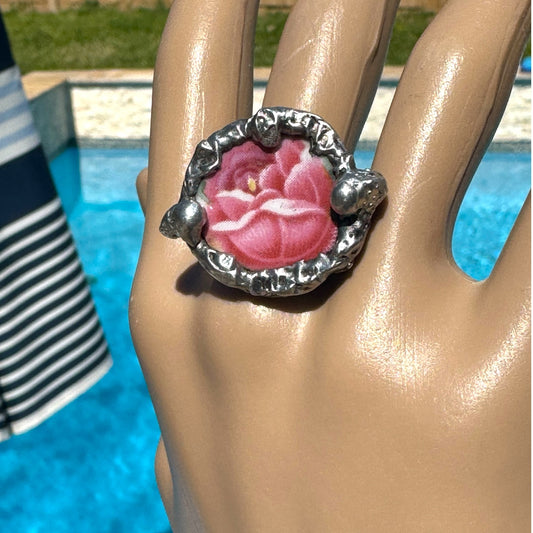Vintage Rose Broken China Ring with Brutalist Metalwork