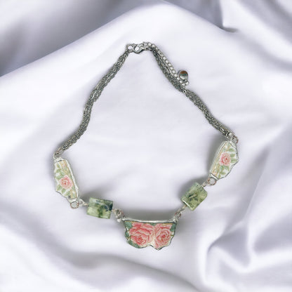 Hand Crafted Broken China Pendant  Antique Roses with  Prenhite Stones Necklace