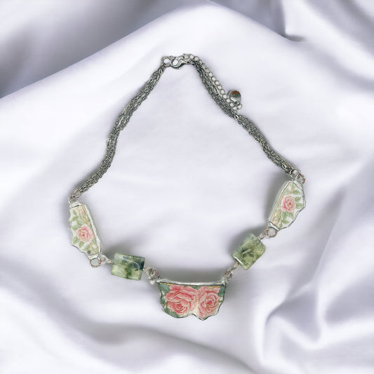 Hand Crafted Broken China Pendant  Antique Roses with  Prenhite Stones Necklace