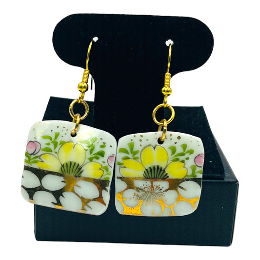 Daisies Fine Bone China Dangle Earrings with Gold Etching