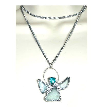 Sea Glass Angel Pendant Artisan Boho Metalwork Necklace