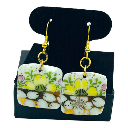 Daisies Fine Bone China Dangle Earrings with Gold Etching