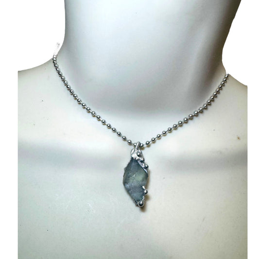 Green Fluorite Pendant Necklace With Artisan Metalwork Halo Bezel On Ball Chain