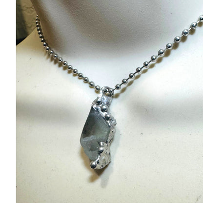 Green Fluorite Pendant Necklace With Artisan Metalwork Halo Bezel On Ball Chain