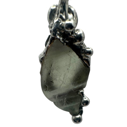 Green Fluorite Pendant Necklace With Artisan Metalwork Halo Bezel On Ball Chain