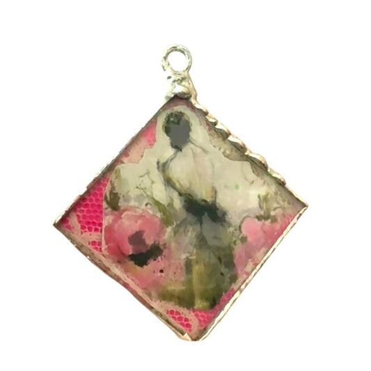 Tiny Canvas Mixed Media Lady Pendant w. Unakite & Pink Jasper Silver Necklace