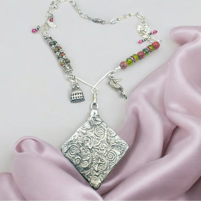 Tiny Canvas Mixed Media Lady Pendant w. Unakite & Pink Jasper Silver Necklace
