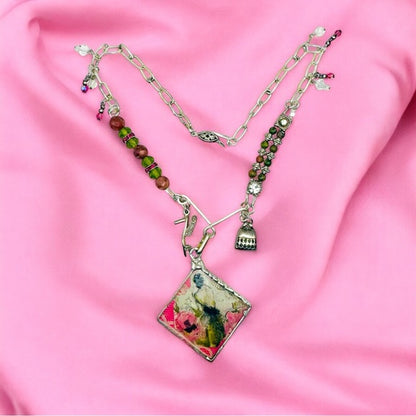 Tiny Canvas Mixed Media Lady Pendant w. Unakite & Pink Jasper Silver Necklace