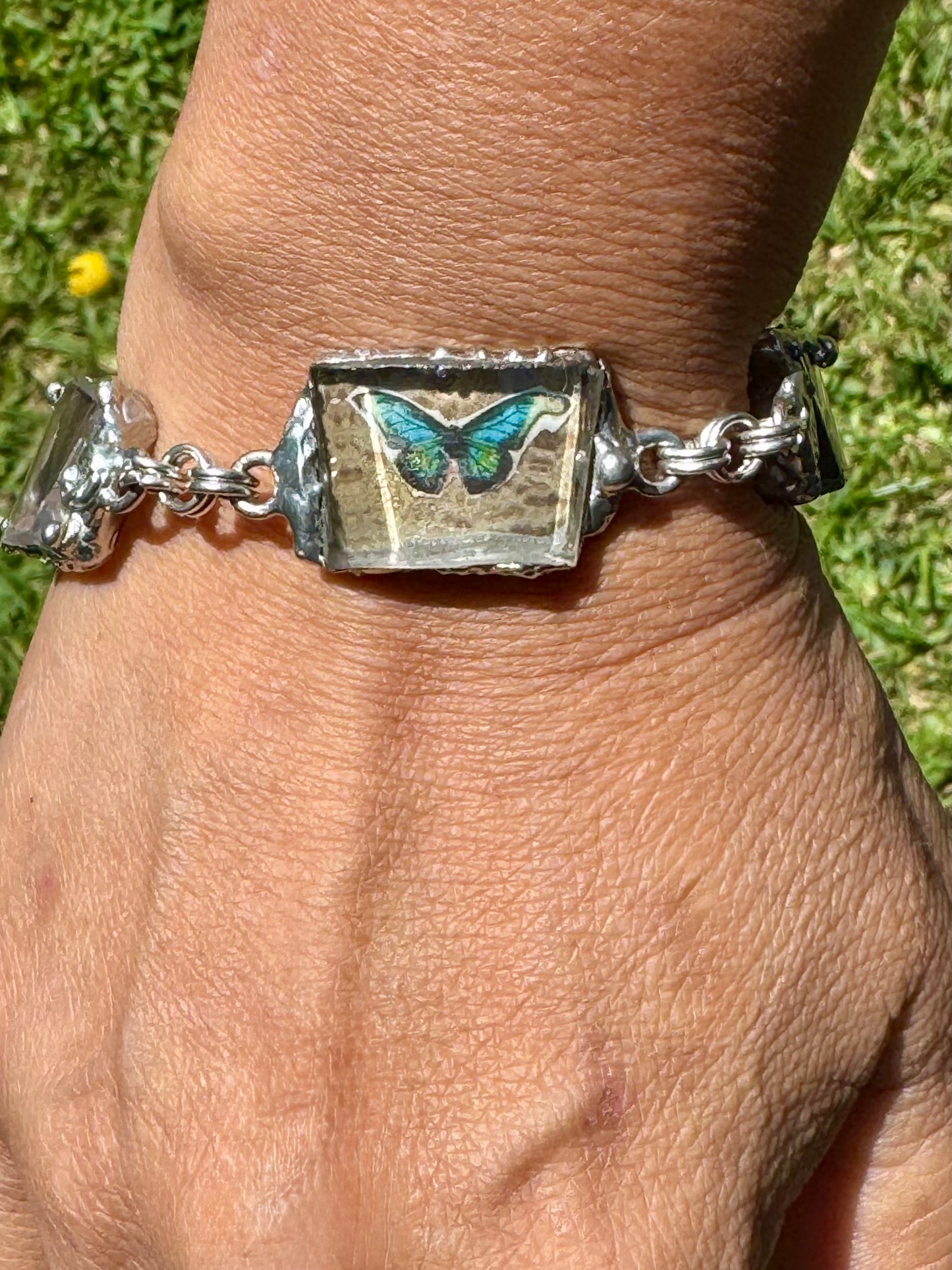 Artisan Butterfly Bracelet W/ VNTG Anchor Hocking Lead Crystal Glass & Silver Blend Bezels