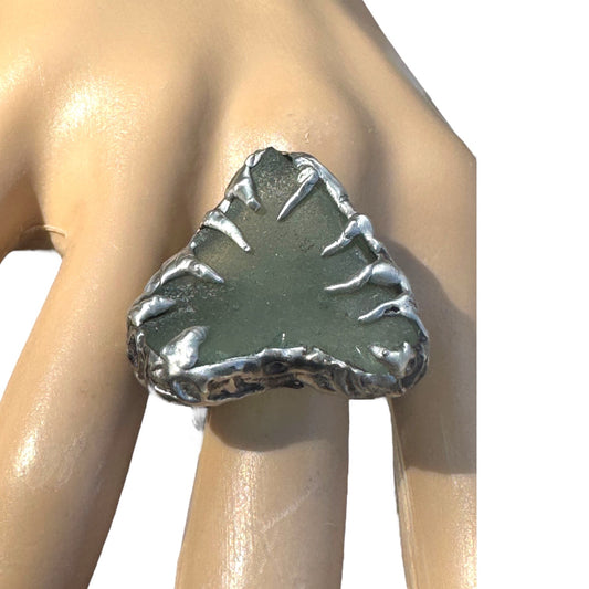 Heart of the Sea Heart Shaped Sea Glass Silver Blend Artisan Ring Size 8