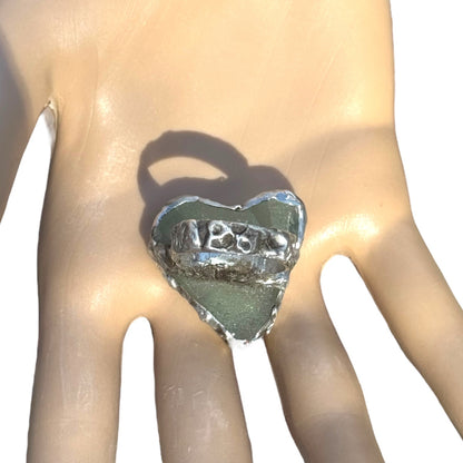 Heart of the Sea Heart Shaped Sea Glass Silver Blend Artisan Ring Size 8