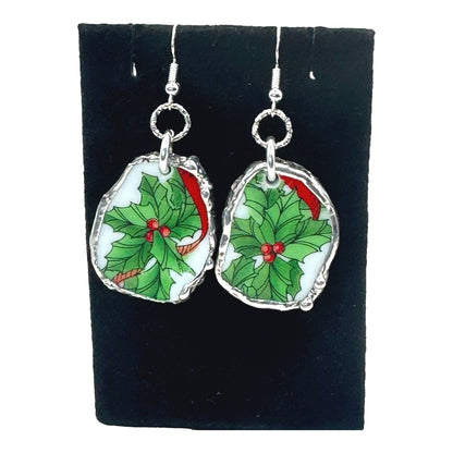 Artisan Broken China 925 Silver Earrings With Holly Design & Silver Caging