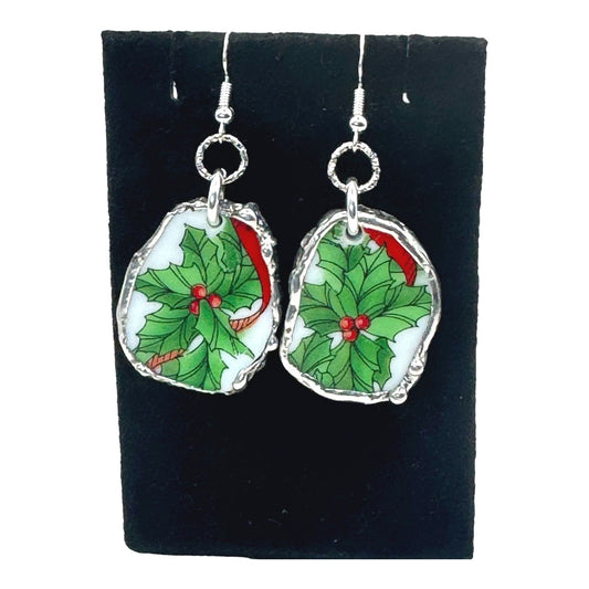 Artisan Broken China 925 Silver Earrings With Holly Design & Silver Caging
