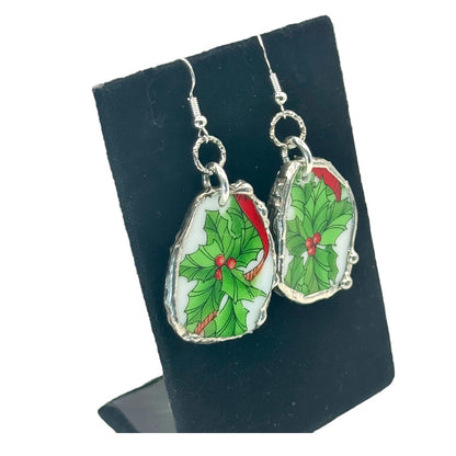 Artisan Broken China 925 Silver Earrings With Holly Design & Silver Caging