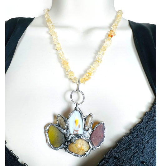 Citrine, Sea Glass & Broken China Pendant With Vintage Citrine Chip Necklace