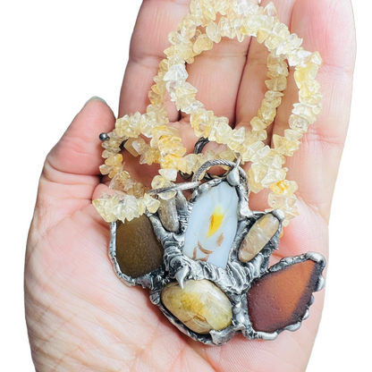 Citrine, Sea Glass & Broken China Pendant With Vintage Citrine Chip Necklace