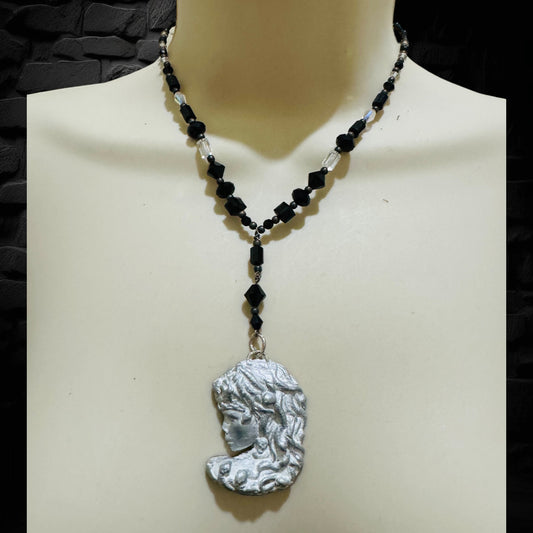 Art Nuveau Clay Lady Pendant with Artisan Crystal Beaded Necklace