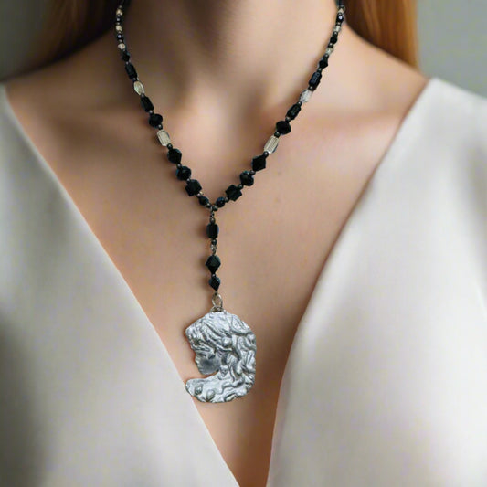 Art Nuveau Clay Lady Pendant with Artisan Crystal Beaded Necklace
