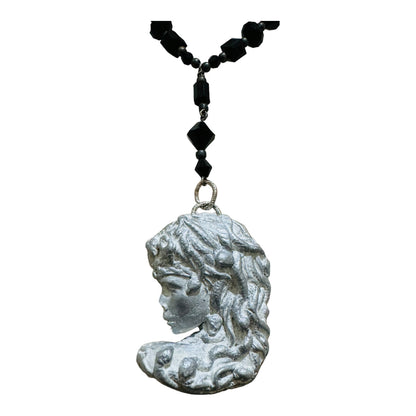 Art Nuveau Clay Lady Pendant with Artisan Crystal Beaded Necklace