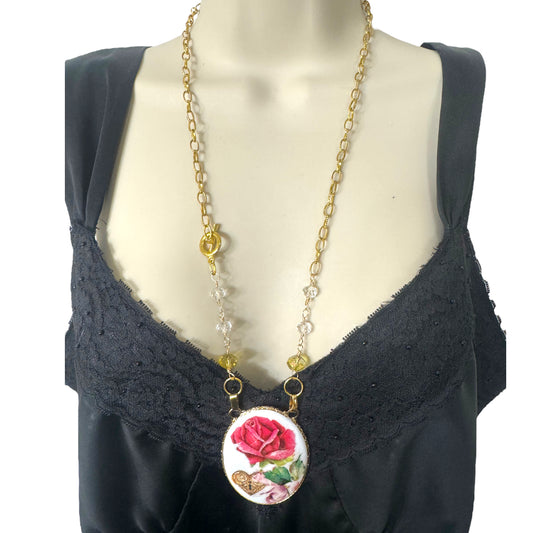 Ceramic Vintage Pandant Reworked with Decoupage and Multifaceted Crystals
