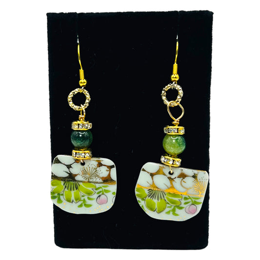 Broken Fine Bone China Dangle  Earrings With Green Agate Stones